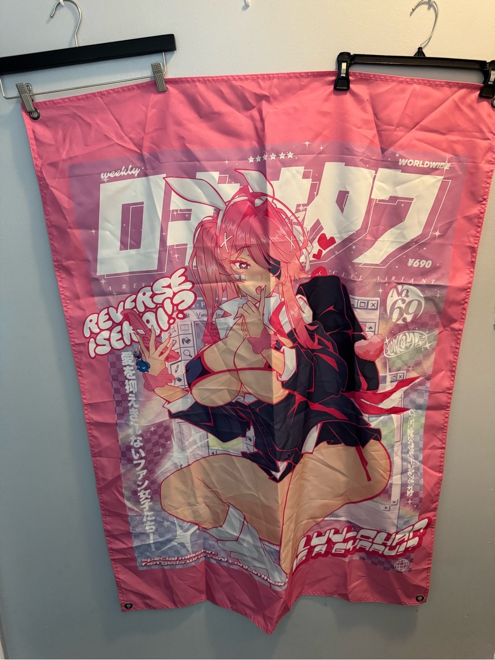 Pink anime Tapestry flag with red-haired anime girl graphic Wall Art